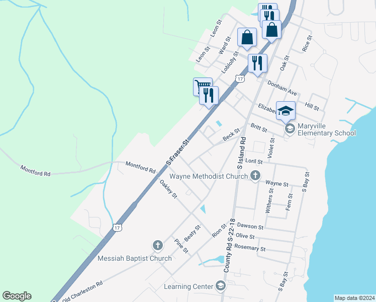 map of restaurants, bars, coffee shops, grocery stores, and more near 2413 South Fraser Street in Georgetown