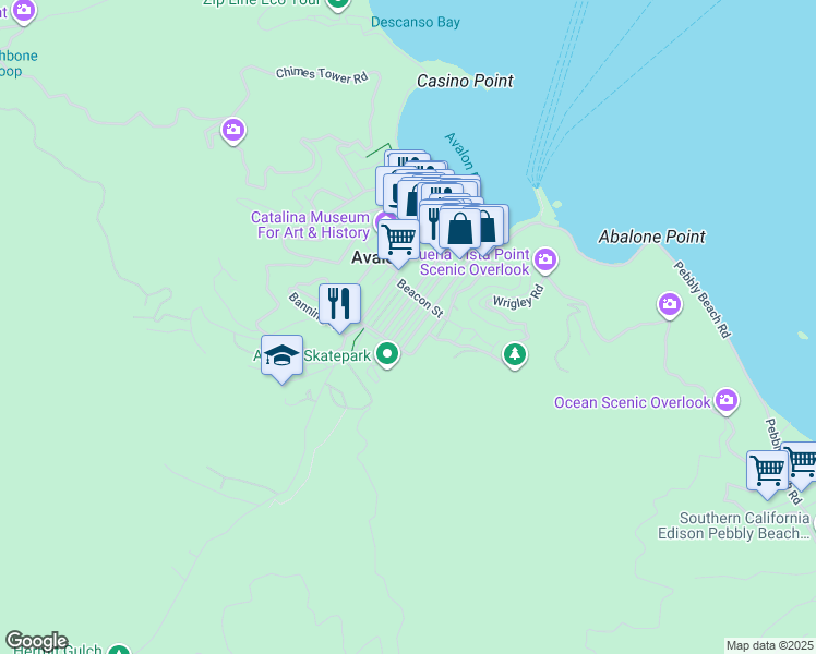 map of restaurants, bars, coffee shops, grocery stores, and more near 345 Descanso Avenue in Avalon