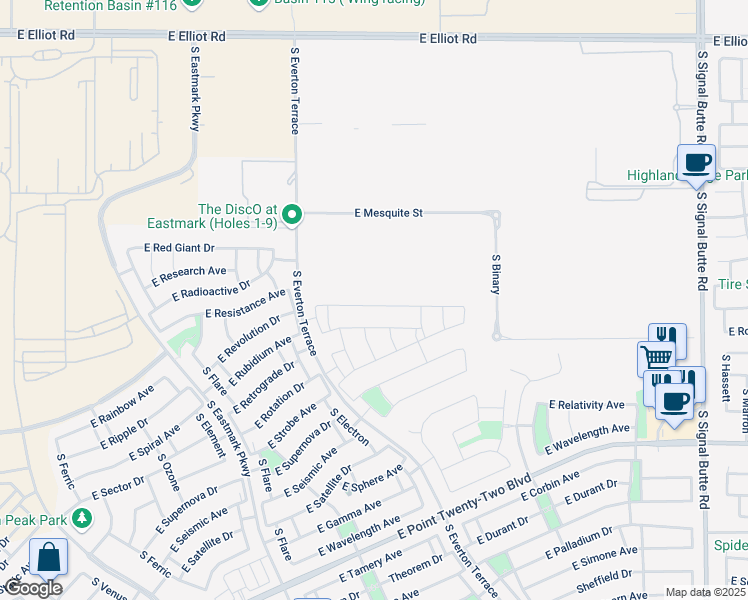 map of restaurants, bars, coffee shops, grocery stores, and more near 10134 East Revolution Drive in Mesa