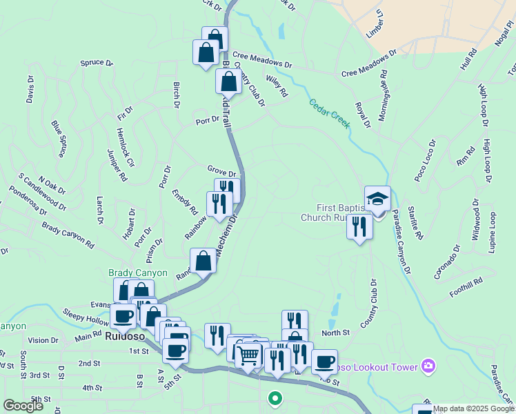 map of restaurants, bars, coffee shops, grocery stores, and more near 250-272 Upper Terrace Drive in Ruidoso
