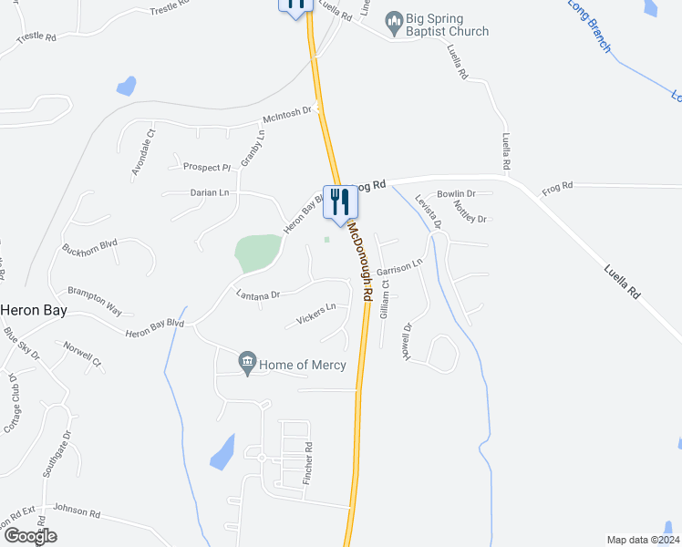 map of restaurants, bars, coffee shops, grocery stores, and more near 187 Lantana Drive in Locust Grove