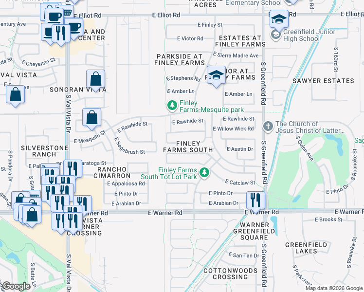 map of restaurants, bars, coffee shops, grocery stores, and more near 2065 E Smoke Tree Rd in Gilbert