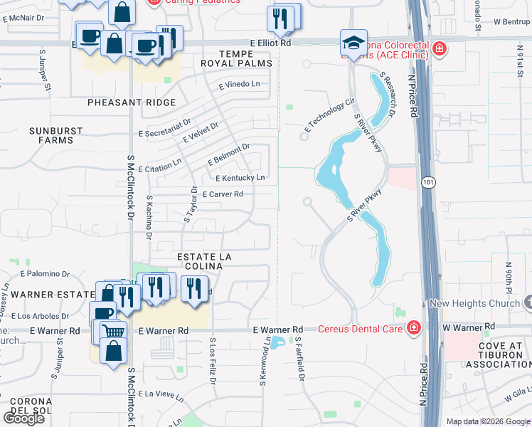 map of restaurants, bars, coffee shops, grocery stores, and more near 1975 Buena Vista in Tempe