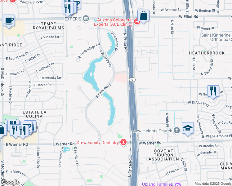 map of restaurants, bars, coffee shops, grocery stores, and more near 8333 South River Parkway in Tempe