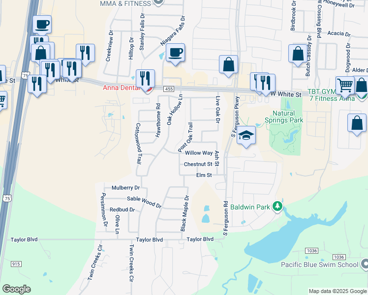 map of restaurants, bars, coffee shops, grocery stores, and more near 1213 Post Oak Trail in Anna