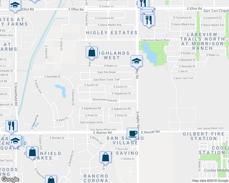 map of restaurants, bars, coffee shops, grocery stores, and more near 3046 East Sagebrush Street in Gilbert