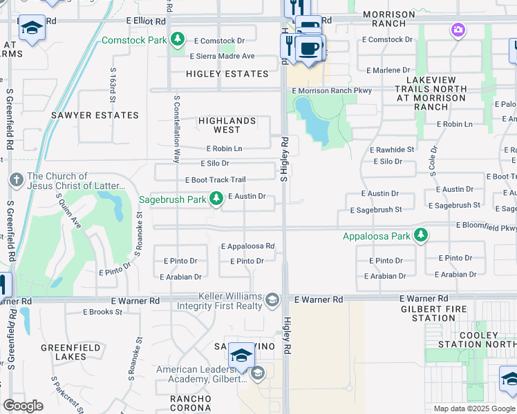 map of restaurants, bars, coffee shops, grocery stores, and more near 3122 East Sagebrush Street in Gilbert