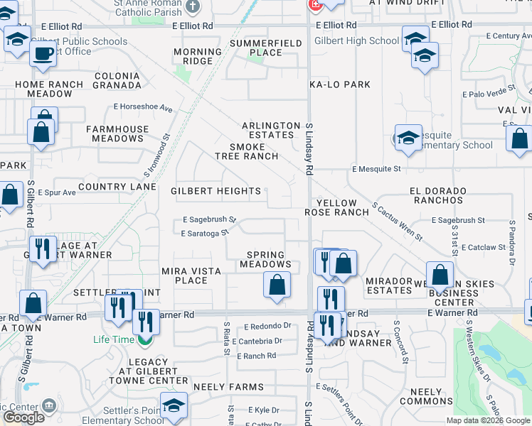 map of restaurants, bars, coffee shops, grocery stores, and more near 642 East Sagebrush Street in Gilbert