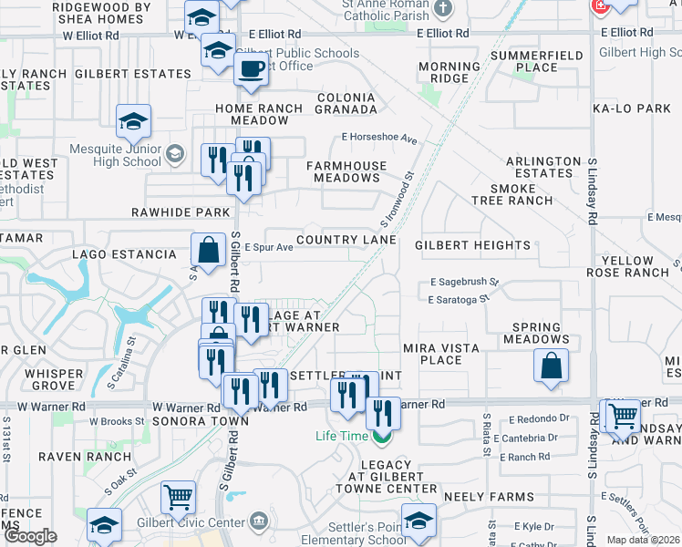 map of restaurants, bars, coffee shops, grocery stores, and more near 165 East Water Tank Road in Gilbert