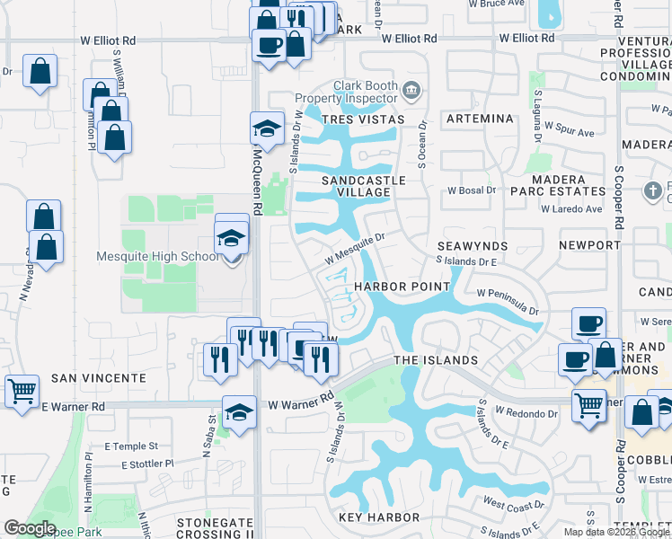 map of restaurants, bars, coffee shops, grocery stores, and more near 1345 West Port-A-Sail Drive in Gilbert
