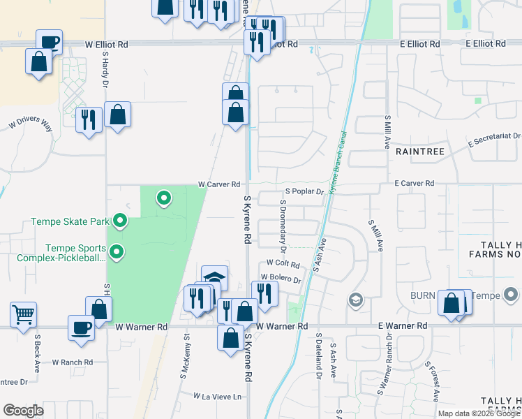 map of restaurants, bars, coffee shops, grocery stores, and more near 445 West Pecan Place in Tempe