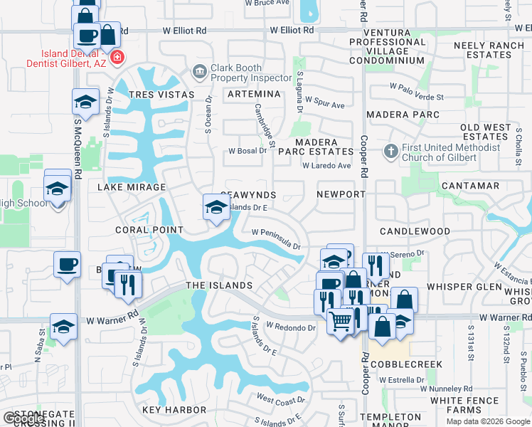 map of restaurants, bars, coffee shops, grocery stores, and more near 1134 West Newport Beach Drive in Gilbert