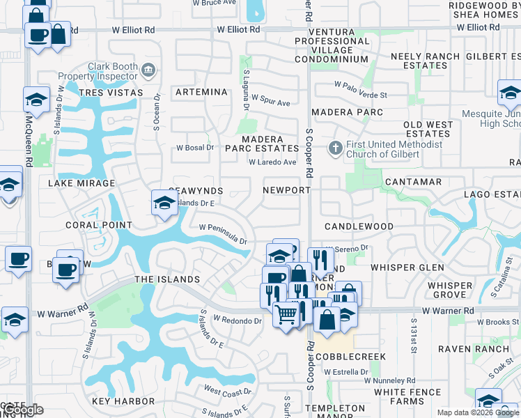 map of restaurants, bars, coffee shops, grocery stores, and more near 437 South Port Drive in Gilbert