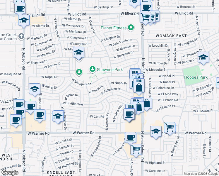 map of restaurants, bars, coffee shops, grocery stores, and more near 2360 North Central Drive in Chandler
