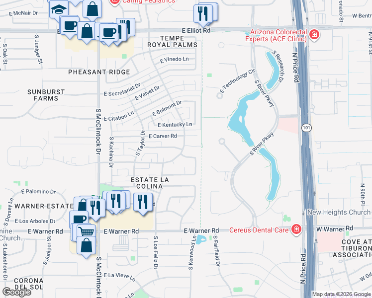 map of restaurants, bars, coffee shops, grocery stores, and more near 1975 Buena Vista in Tempe