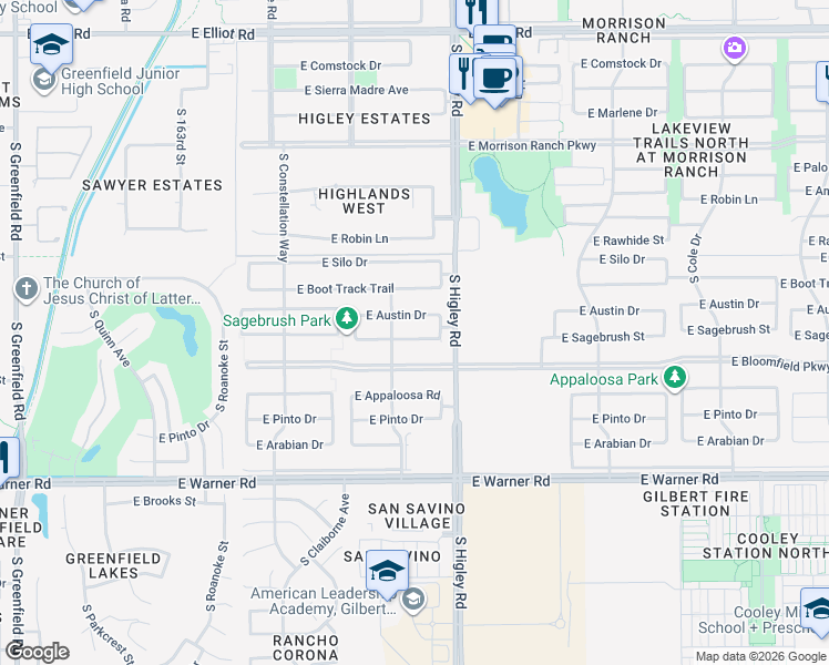map of restaurants, bars, coffee shops, grocery stores, and more near 3122 East Sagebrush Street in Gilbert