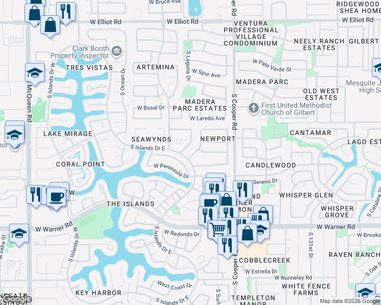 map of restaurants, bars, coffee shops, grocery stores, and more near 437 South Port Drive in Gilbert