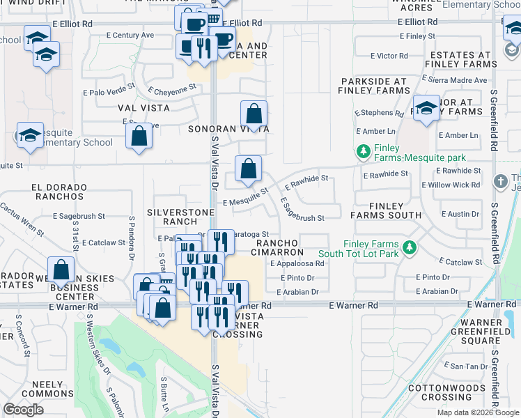 map of restaurants, bars, coffee shops, grocery stores, and more near 535 South Lemon Court in Gilbert