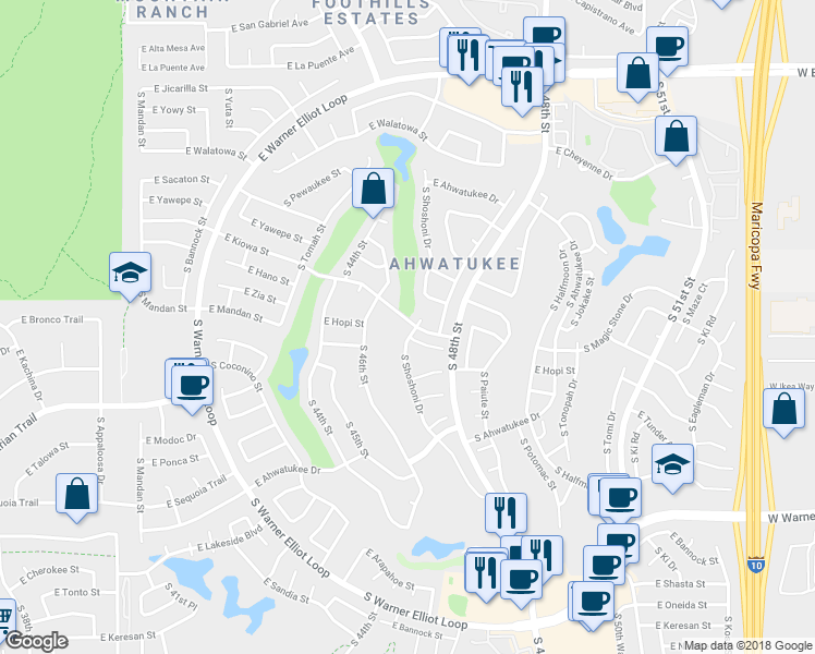 map of restaurants, bars, coffee shops, grocery stores, and more near 12166 South Shoshoni Drive in Phoenix
