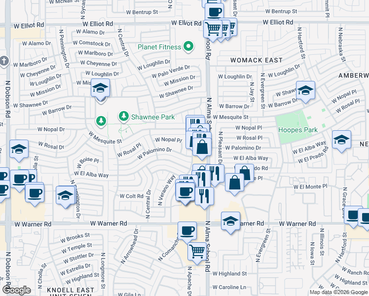 map of restaurants, bars, coffee shops, grocery stores, and more near 1094 West Nopal Place in Chandler