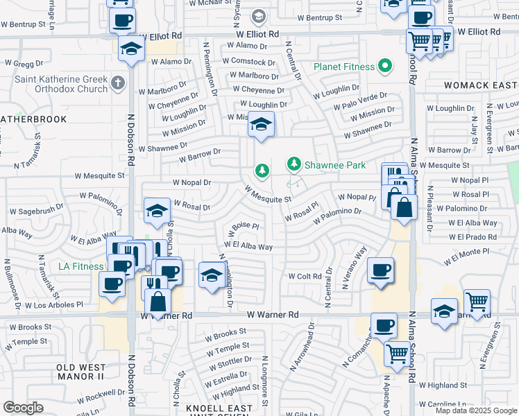 map of restaurants, bars, coffee shops, grocery stores, and more near 2405 North Longmore Street in Chandler