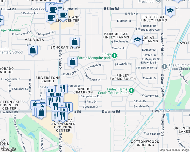 map of restaurants, bars, coffee shops, grocery stores, and more near 1893 East Smoke Tree Road in Gilbert