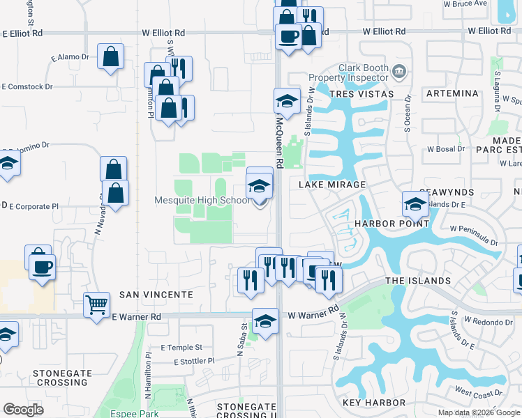 map of restaurants, bars, coffee shops, grocery stores, and more near 500 South McQueen Road in Gilbert
