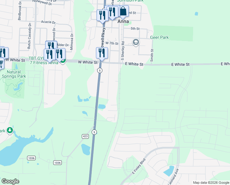 map of restaurants, bars, coffee shops, grocery stores, and more near 1006 South Riggins Street in Anna