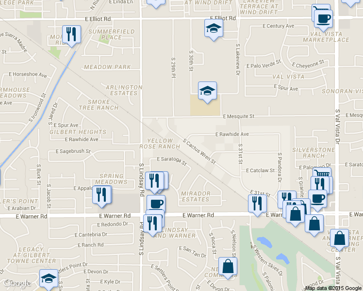 map of restaurants, bars, coffee shops, grocery stores, and more near 526 South Cactus Wren Street in Gilbert