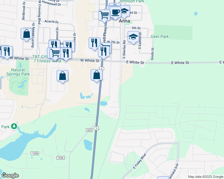 map of restaurants, bars, coffee shops, grocery stores, and more near 1107 South Interurban Street in Anna