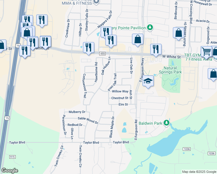 map of restaurants, bars, coffee shops, grocery stores, and more near 1218 Post Oak Trail in Anna