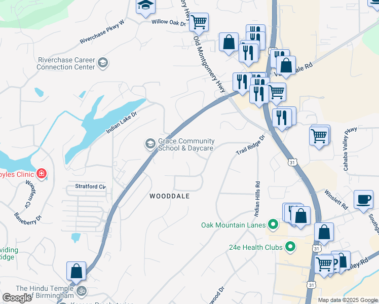 map of restaurants, bars, coffee shops, grocery stores, and more near 4530 Wooddale Drive in Pelham