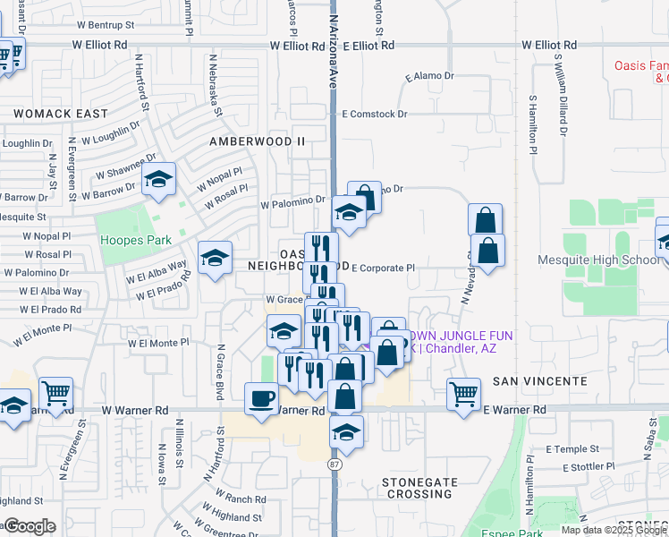 map of restaurants, bars, coffee shops, grocery stores, and more near 1 East Corporate Place in Chandler