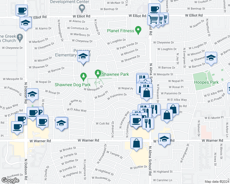 map of restaurants, bars, coffee shops, grocery stores, and more near 2372 North Central Drive in Chandler
