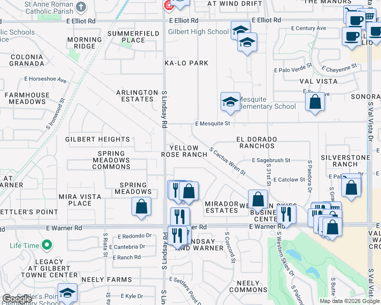 map of restaurants, bars, coffee shops, grocery stores, and more near 879 East Rawhide Court in Gilbert