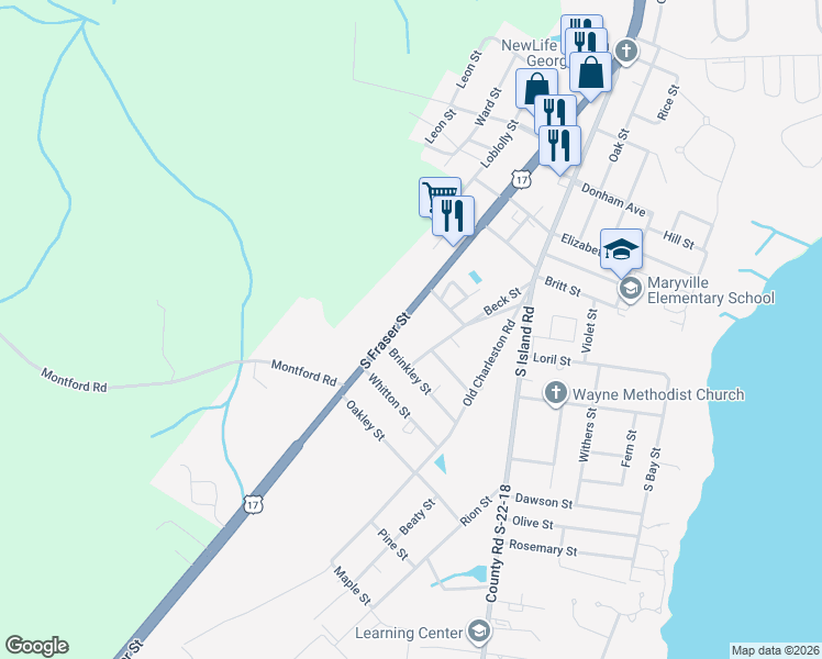 map of restaurants, bars, coffee shops, grocery stores, and more near 2415 South Fraser Street in Georgetown