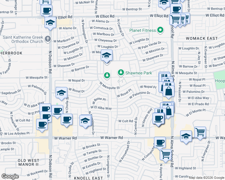 map of restaurants, bars, coffee shops, grocery stores, and more near 2308 North Arrowhead Drive in Chandler