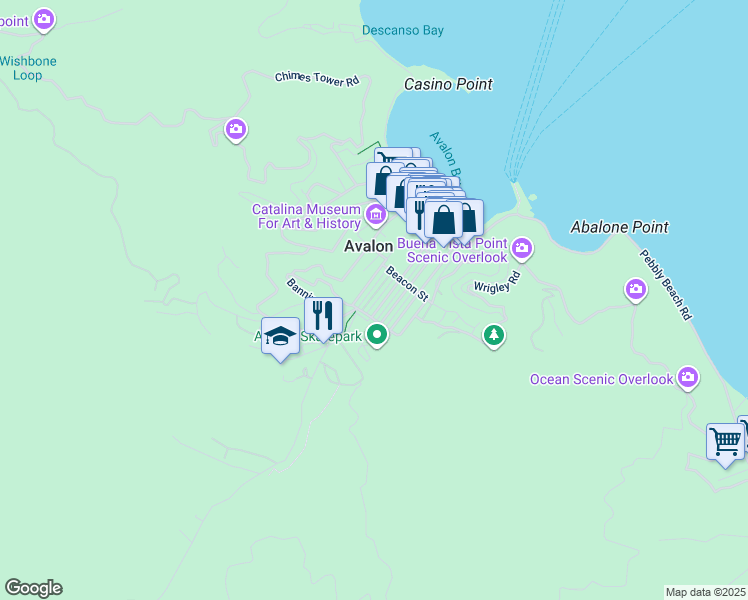 map of restaurants, bars, coffee shops, grocery stores, and more near 345 Descanso Avenue in Avalon