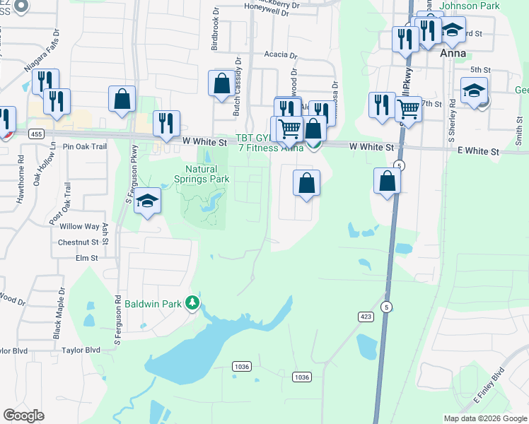map of restaurants, bars, coffee shops, grocery stores, and more near 938 Bens Drive in Anna