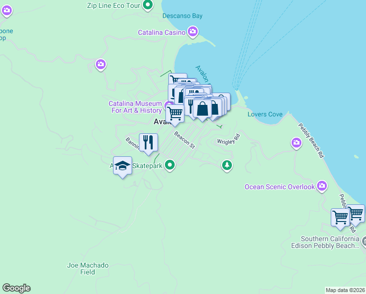 map of restaurants, bars, coffee shops, grocery stores, and more near 316 Descanso Avenue in Avalon