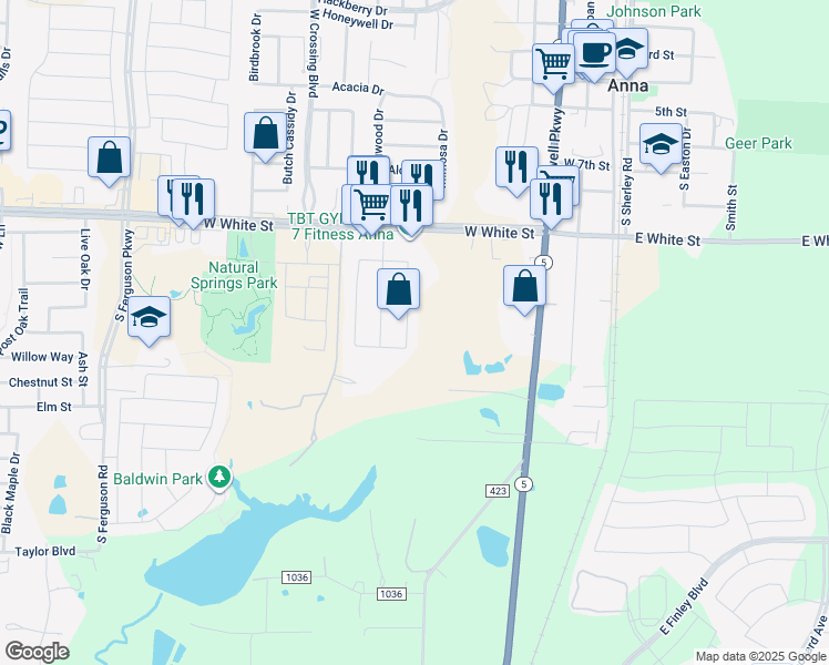 map of restaurants, bars, coffee shops, grocery stores, and more near 937 Hazel's Way in Anna
