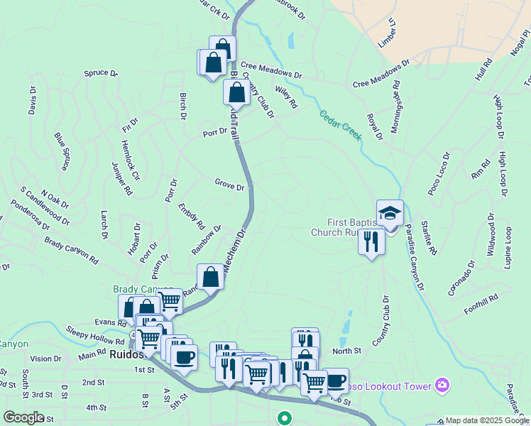 map of restaurants, bars, coffee shops, grocery stores, and more near 250 Upper Terrace Drive in Ruidoso