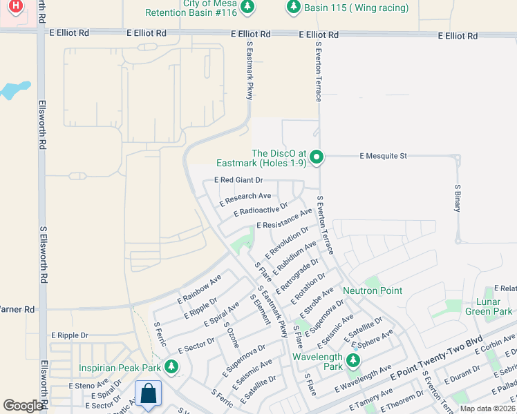 map of restaurants, bars, coffee shops, grocery stores, and more near 9812 East Radioactive Drive in Mesa