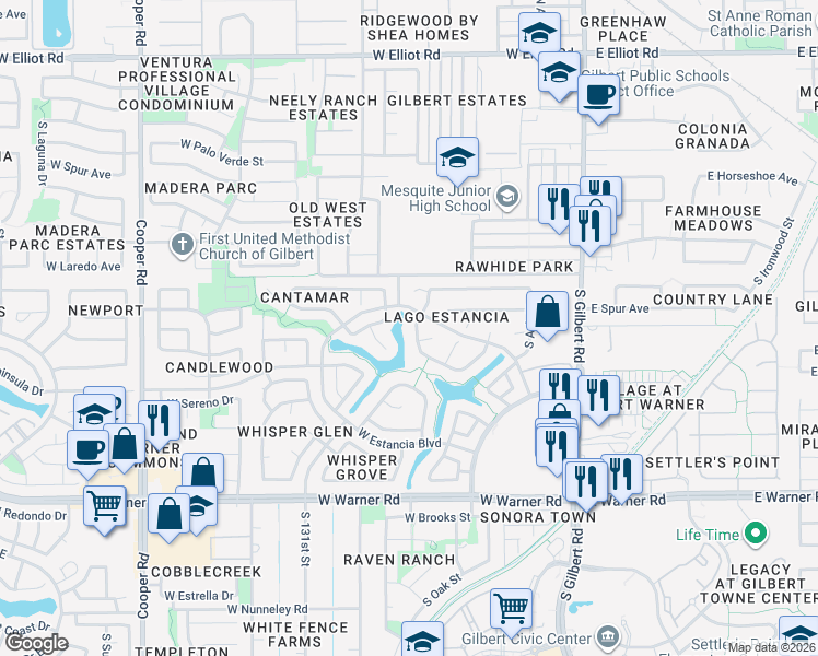 map of restaurants, bars, coffee shops, grocery stores, and more near 542 South Pueblo Street in Gilbert