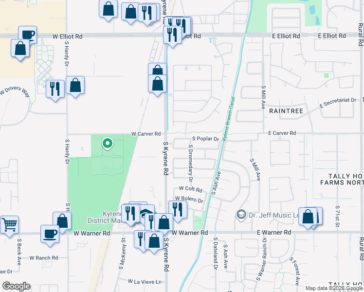 map of restaurants, bars, coffee shops, grocery stores, and more near 445 West Pecan Place in Tempe