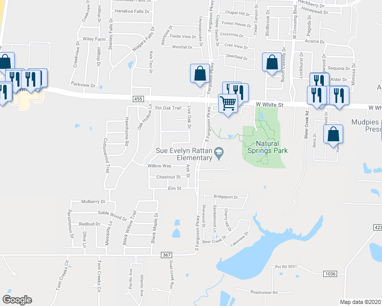 map of restaurants, bars, coffee shops, grocery stores, and more near 1205 Ash Street in Anna