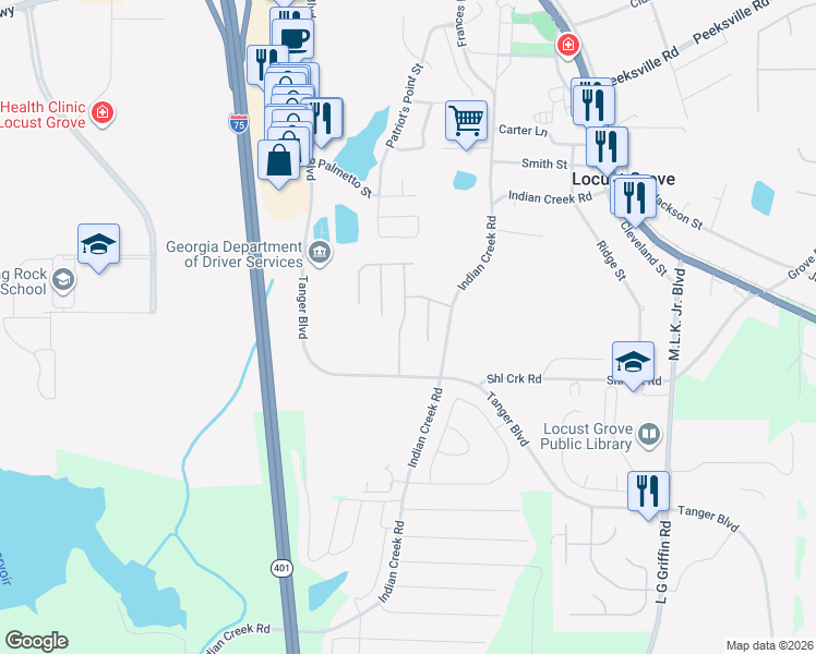 map of restaurants, bars, coffee shops, grocery stores, and more near 324 Clover Brook Drive in Locust Grove