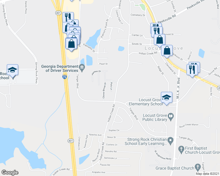 map of restaurants, bars, coffee shops, grocery stores, and more near 225 Polo Lane in Locust Grove