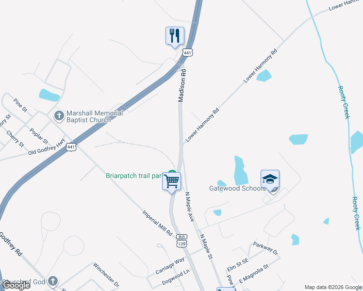 map of restaurants, bars, coffee shops, grocery stores, and more near North Maple Street in Eatonton