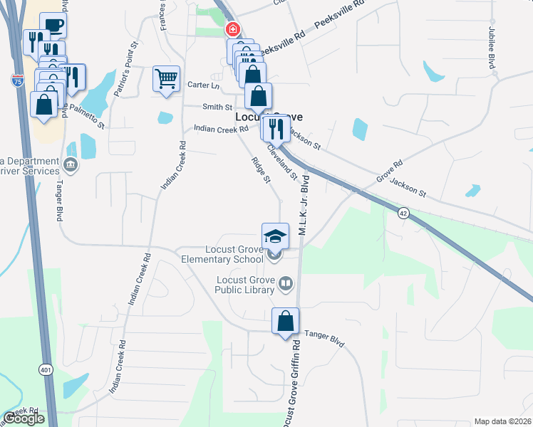 map of restaurants, bars, coffee shops, grocery stores, and more near 67 Rosser Lane in Locust Grove